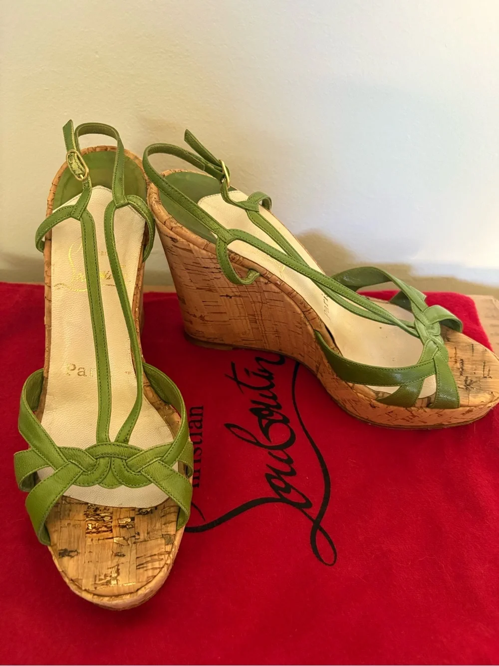 Christian Louboutin Green Cork Wedge Sandals